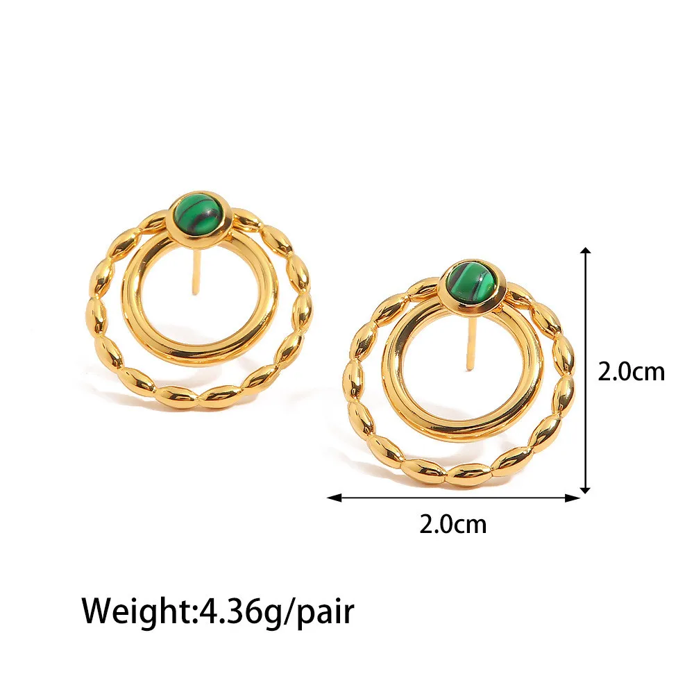 Stainless Steel Inlay Malachite Rotundity Pendant Earrings Fashion 18K Gold Waterproof Vintage Jewelry for Women