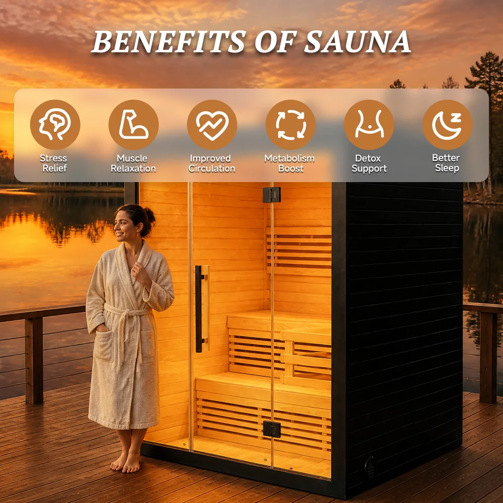 Recessed Lit Hemlock Sauna Featuring Full Front Glass Panel Door And Charcoal Trim For Premium Evening Relaxation