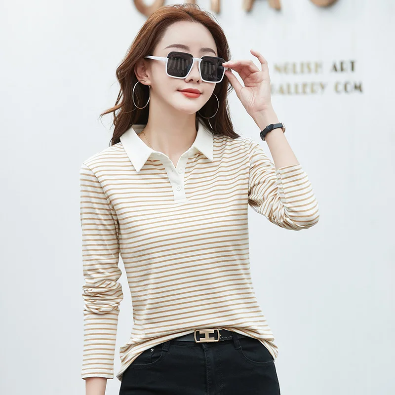 Spring Long Sleeve Striped Polo Shirt Women Cotton Stretch Fashion Summer Autumn Elegant Knitted Polo T-shirt For Women 2024