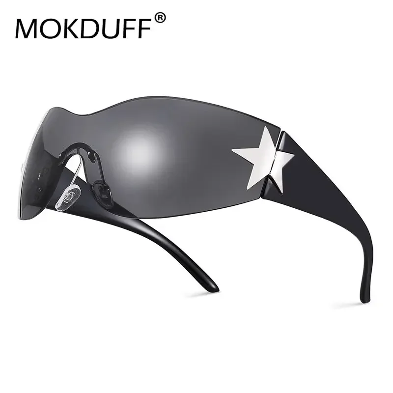 Punk Sports Y2k Star Rimless Sunglasses Women Brand Designer Sun Glasses For Men UV400 Goggles Shades One Piece Oculos De Sol