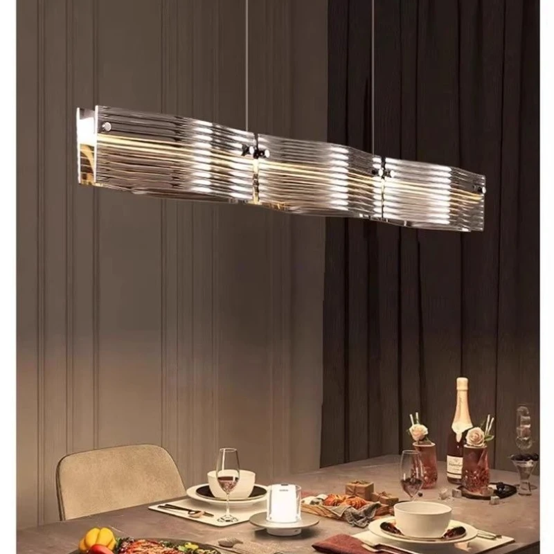 

Nordic Restaurant Pendant Light Designer Simple and High-end Feel Creative One Word Long Glass Island Bar Counter Table Light