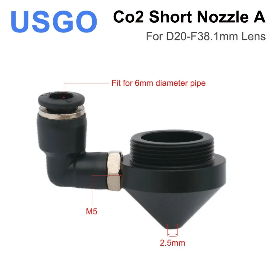 

USGO CO2 Air Nozzle for Dia.20 FL38.1 Lens N01F Short Nozzle A with Fitting M5 for Laser Head at CO2 Laser Cutting Machine