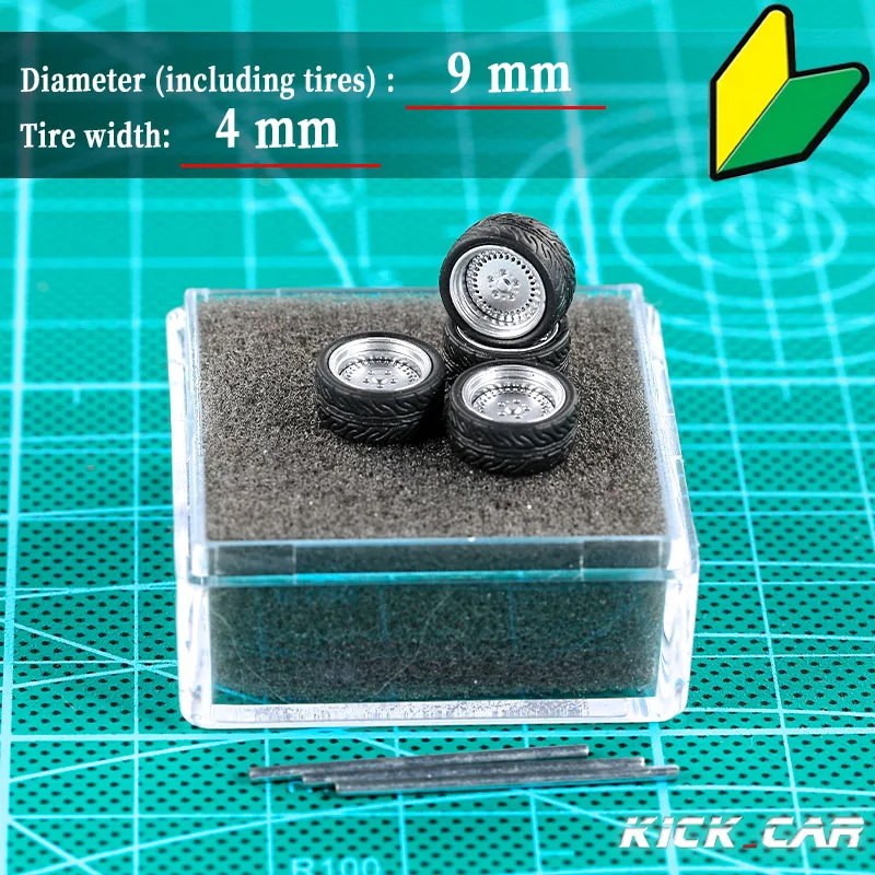 KICARMOD 1/64 ABS 실버 휠, 고무 타이어 포함, 개조 부품 직경 10mm, 모델 자동차 레이싱 차량 장난감 핫휠