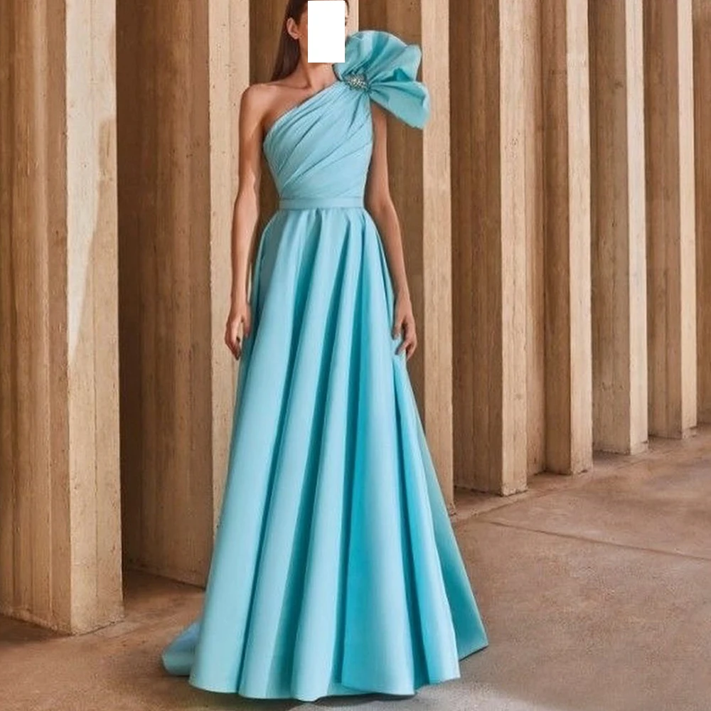 

Customized Graceful One Shoulder Jersey Evening Dresses Fashion Sleeveless A-Line Floor Length Panel Train Vestido De Noche