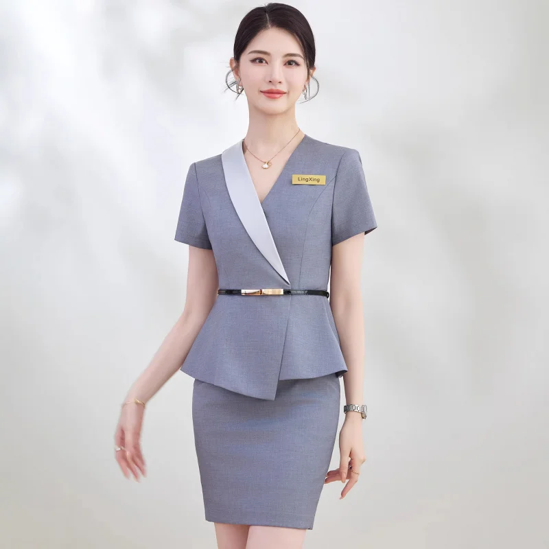Gray women's summer new style suit for beauty salon and jewelry store front desk workwear, short-sleeved professional suit