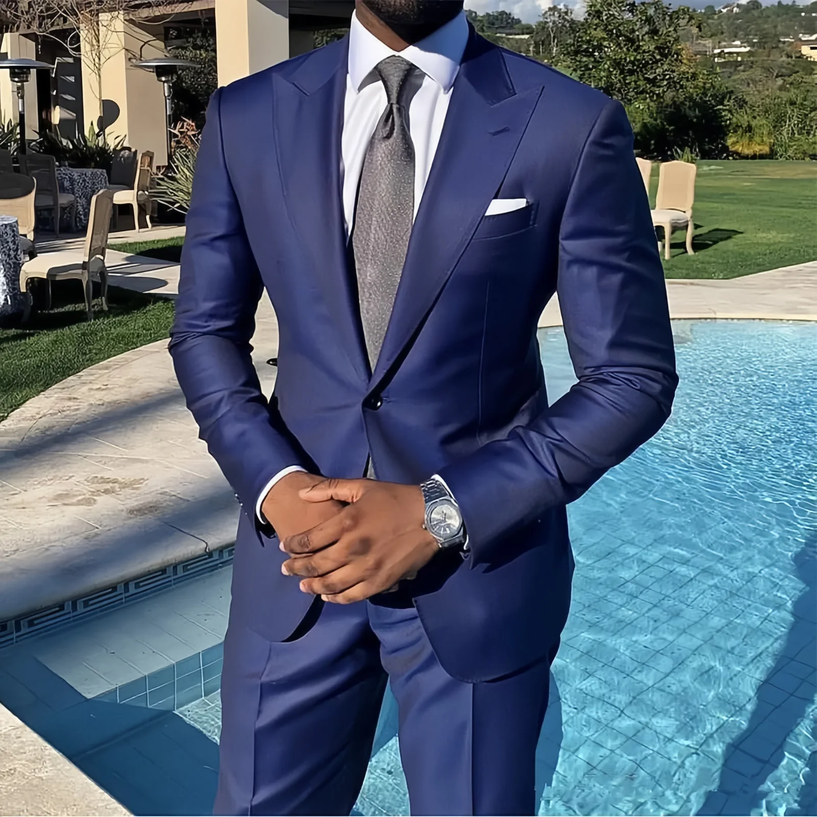 Navy Blue Business Peaked Lapel Suits for Men Slim Fit Solid Tuxedo Boys Suit Trajes Para Hombre Herren Anzug Custom Men Suits