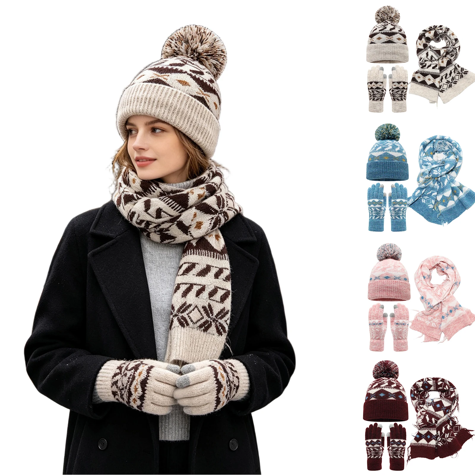 Women's Hat Scarf Gloves 3-Piece Set Thickened Warm Outdoor Thermal Winter Accessory Kit for Ladies Daily Wear