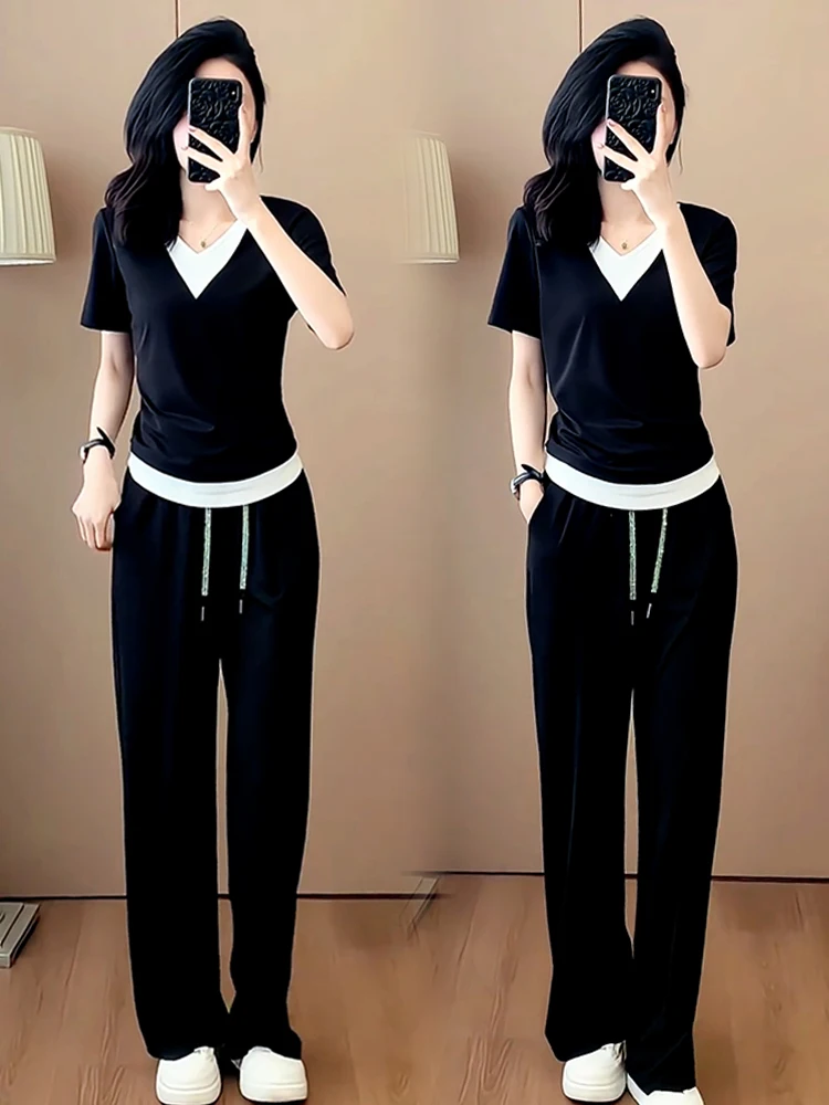 Damski letni zestaw sportowy, nowy, luźne spodnie z szerokimi nogawkami, dwuczęściowy komplet, dekolt w serek, bawełniane długie spodnie.