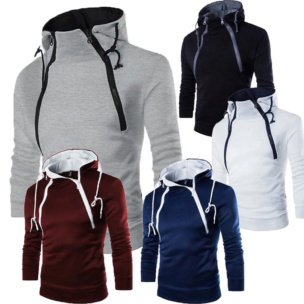 

Men Hoodies Double Diagonal Zipper Placket Hooded Contrasting Unisex Hoodie Autumn Casual Fashion Fleece Hoodie Men's Clothing