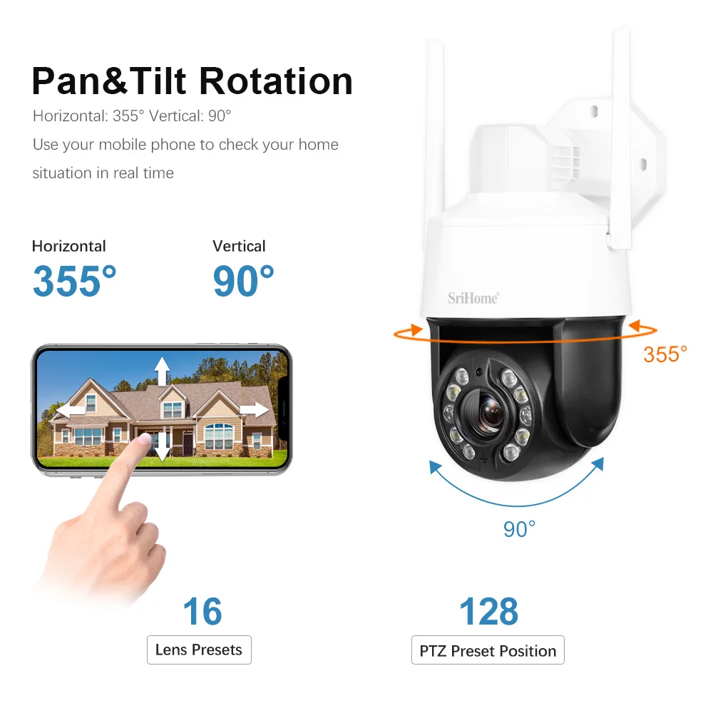 Imagem -03 - Srihome-câmera Ptz à Prova Dágua 5mp Zoom Óptico 20x Alta Definição 5g Wi-fi Monitor Colorido Cctv Rastreamento Humano