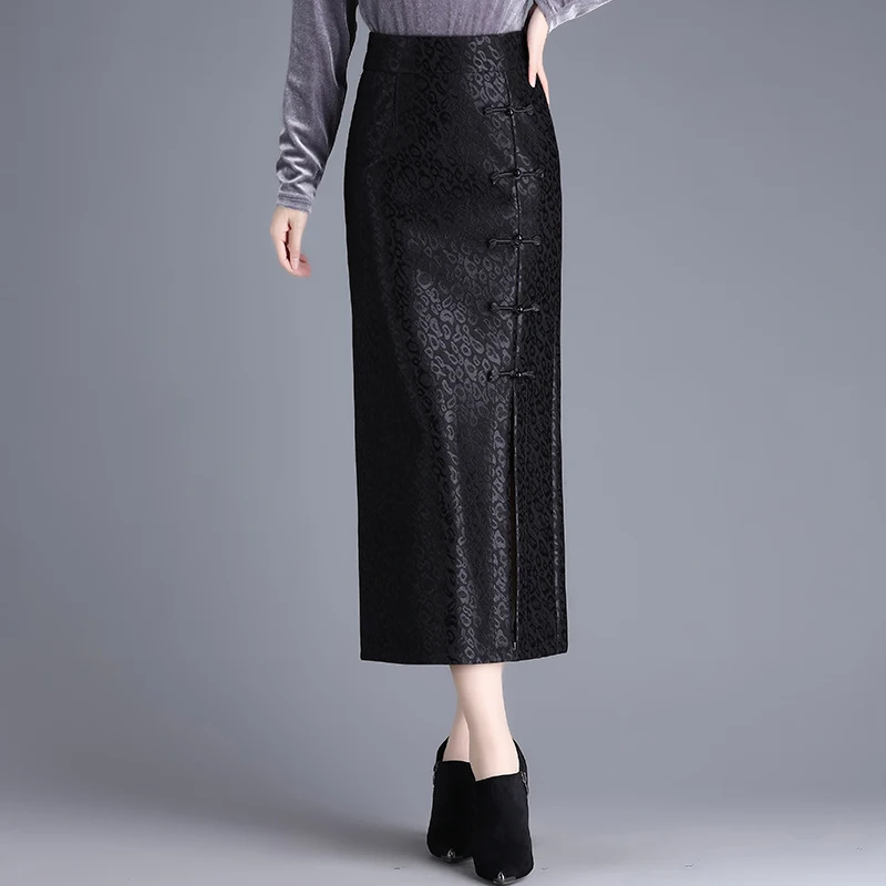 

ZUZK Retro Button Splice Mid-Length Bodycon Skirt Women's Autumn Winter New Style Slimming High Quality Polyester Fiber Skirt