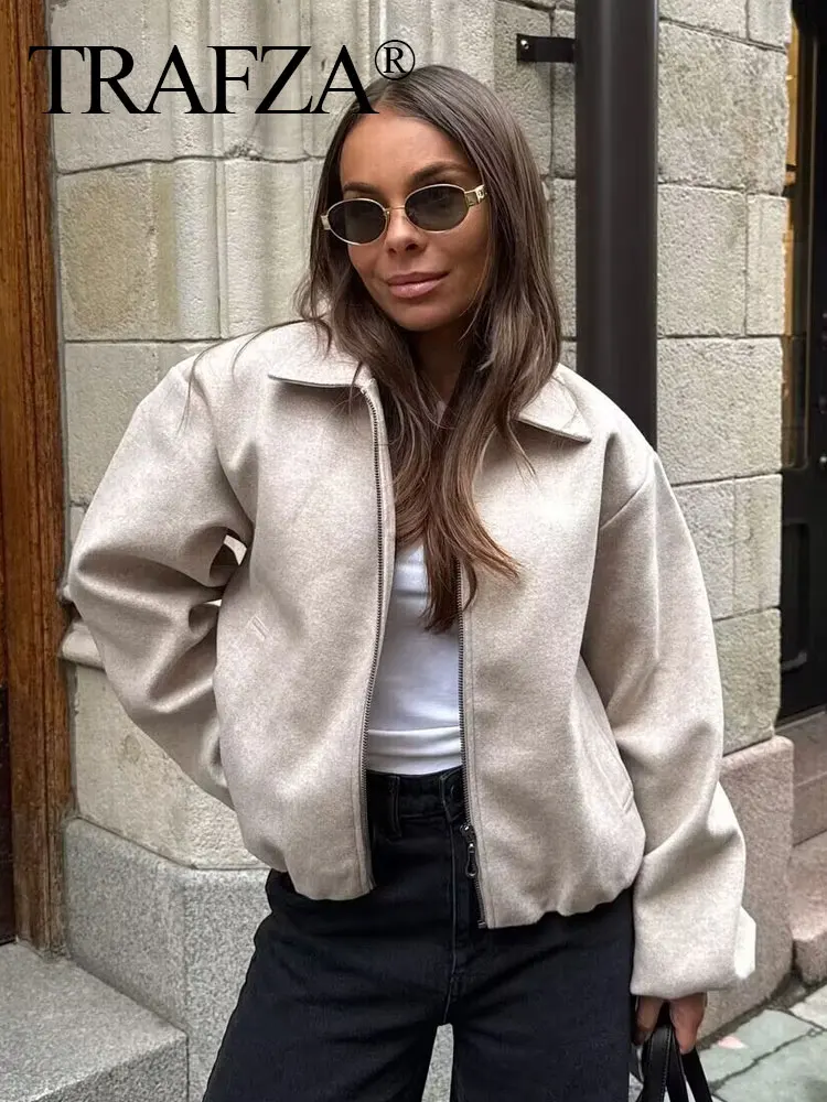 

TRAFZA Female Autumn Street Fashion Bomber Jackets Solid Color Long Sleeves Lapel With Pockets Zipper Fly Casual Simple Coats