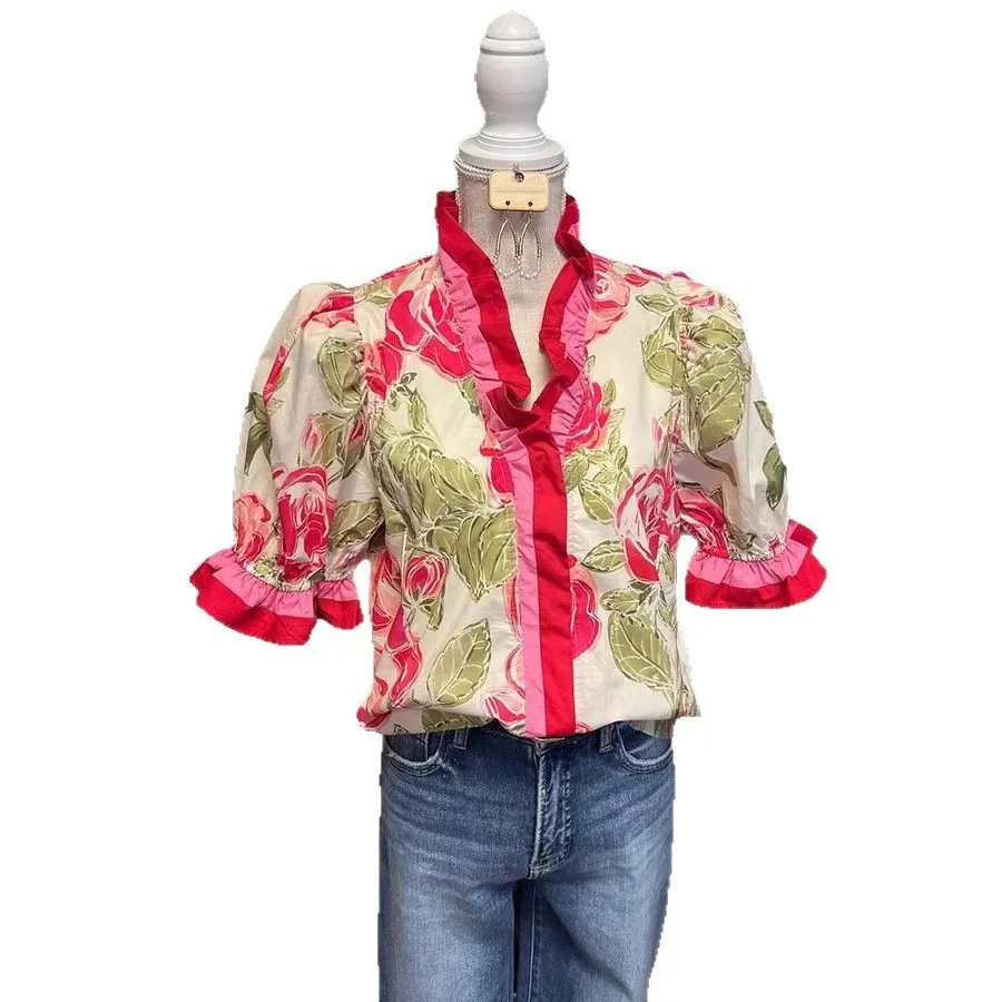 قميص نسائي صيفي بأكمام قصيرة ورقبة على شكل حرف V مطبوع بلوزات Mujer Hemd Damen Blusas Mujer