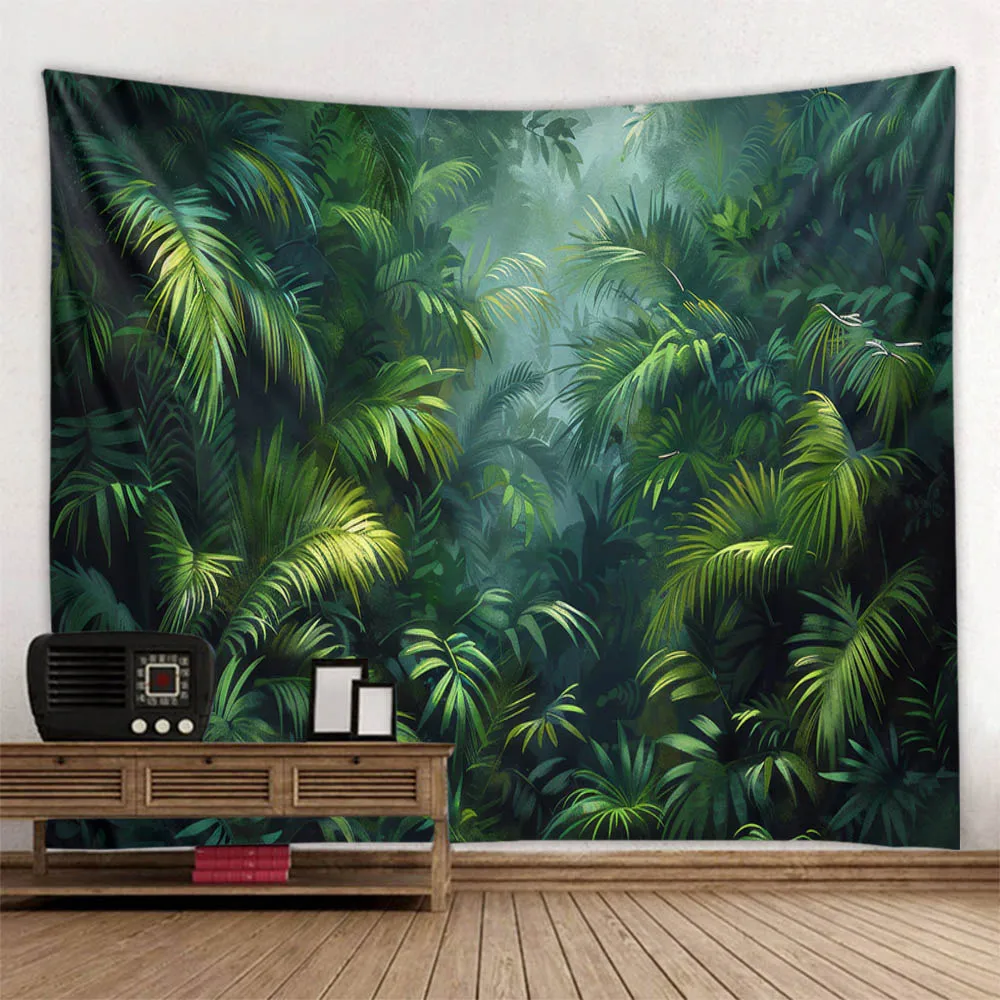 

Tropical Jungle Green Leaf Flower Wall Tapestry Printed Home Office Coffee Shop Restaurant Interior Decoration Background