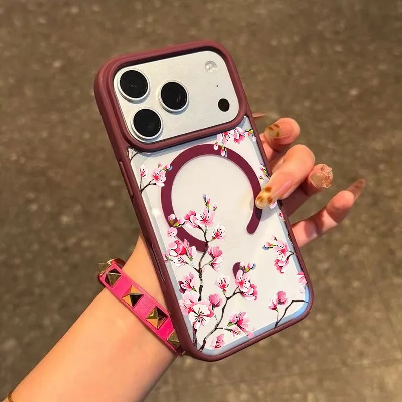 Pink Cherry Blossoms Branches Flowers Magnetic Clear Phone Case For iPhone 18 17 11 12 13 14 15 16 Pro Max 16 Plus 16E 17E Cover