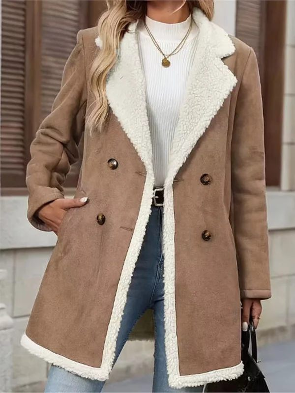 

Authentic Suede Velvet Coat Casual Lapel Woolen Women's Jaet Commute Sle Thiened Long Sve Mid-Length Single Button
