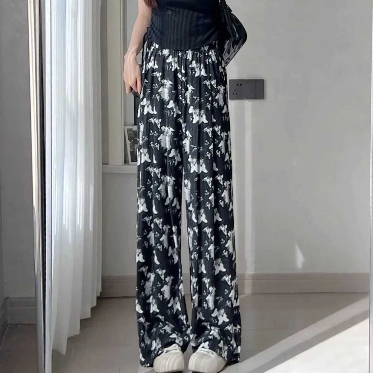 

Large Size lazy Chinese style Pants,ink painting tie dye Sun Protection Trousers,Women's,Summer thin drape casual Wide Leg Pants