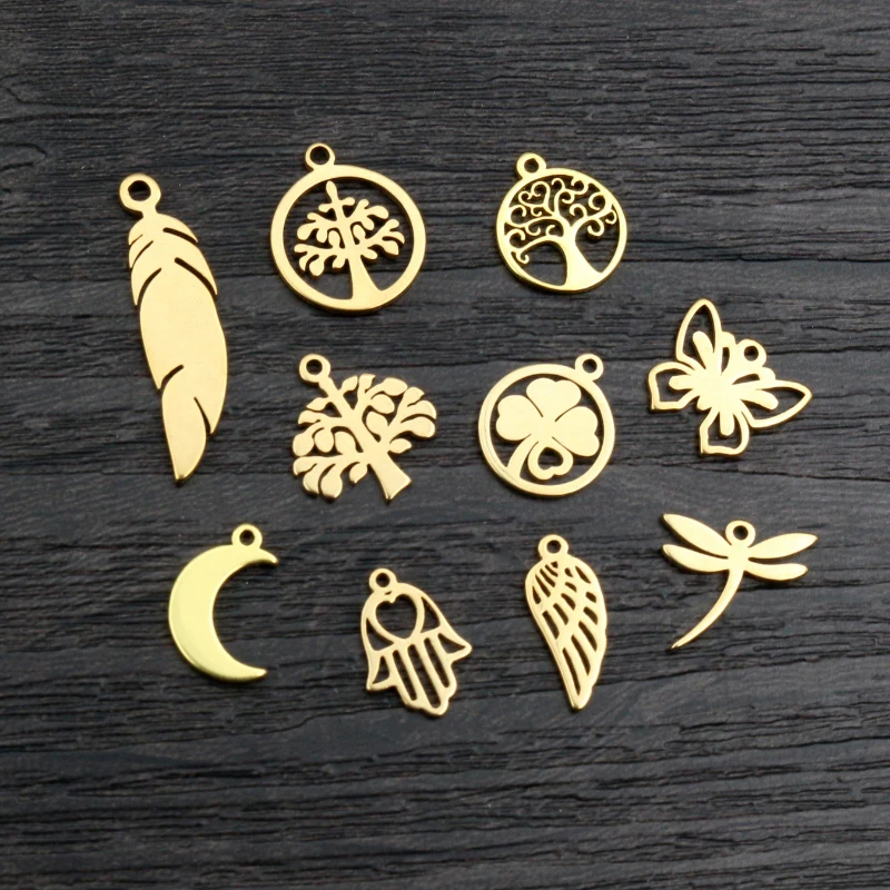 10pcs/lot 316 Stainless Steel Gold Plated Tree Moon Butterfly Small Charms Pendant For Necklace DIY Jewelry Making