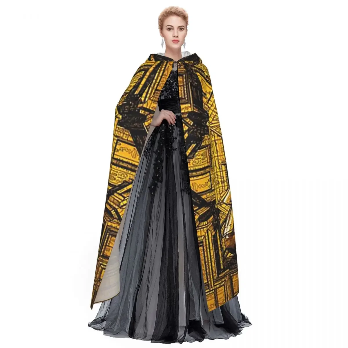 Egyptian Pharaoh With Golden Crown Illustration Long Hooded Cloak Witch Medieval Costume Cosplay Cape HalloweenVampire Unisex
