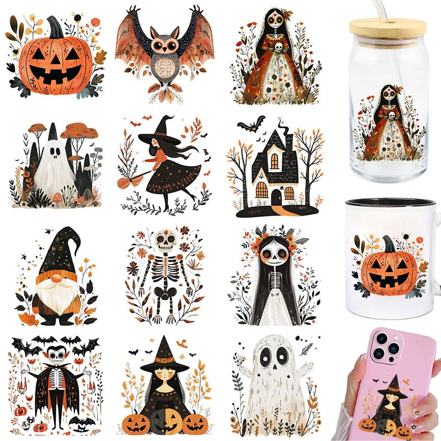 2 Stück Nordische Herbst-Folienkunst Halloween DIY UV DTF Abziehbilder für Becher, Gläser, Tassen, Kaffeetassen, Karten und Dekorationen