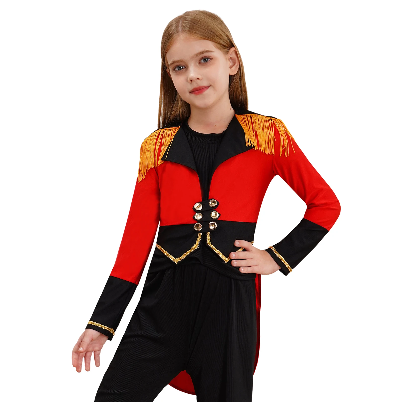 Kids Girls Boys Ringmaster Circus Show Tailcoat Medieval Tassel Long Sleeve Long Tuxedo Jacket Viking Pirates Tunic Coat