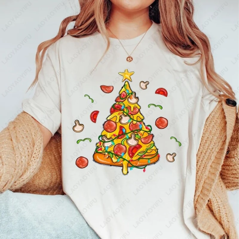 Cute Christmas Tree Men Women Cotton TShirt Fun Pizza Slice Holiday Decorations for Festive Wear Tops Creative Novelty Tees Gift