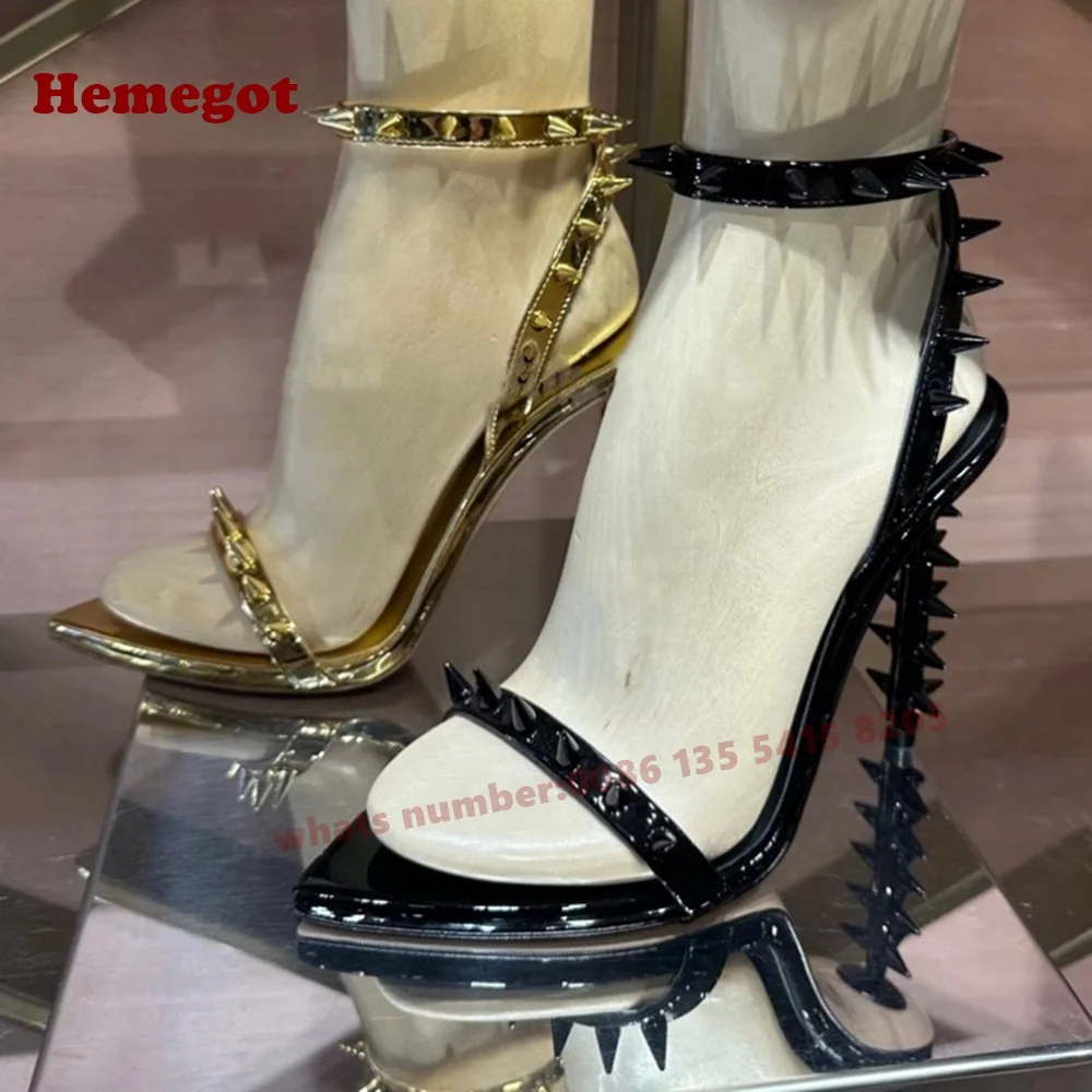 Black Studded Slingback Sandals Open Toe High Heels One Strap Buckle Women's Sandals Patent Leather Summer Casual Shoes 2025