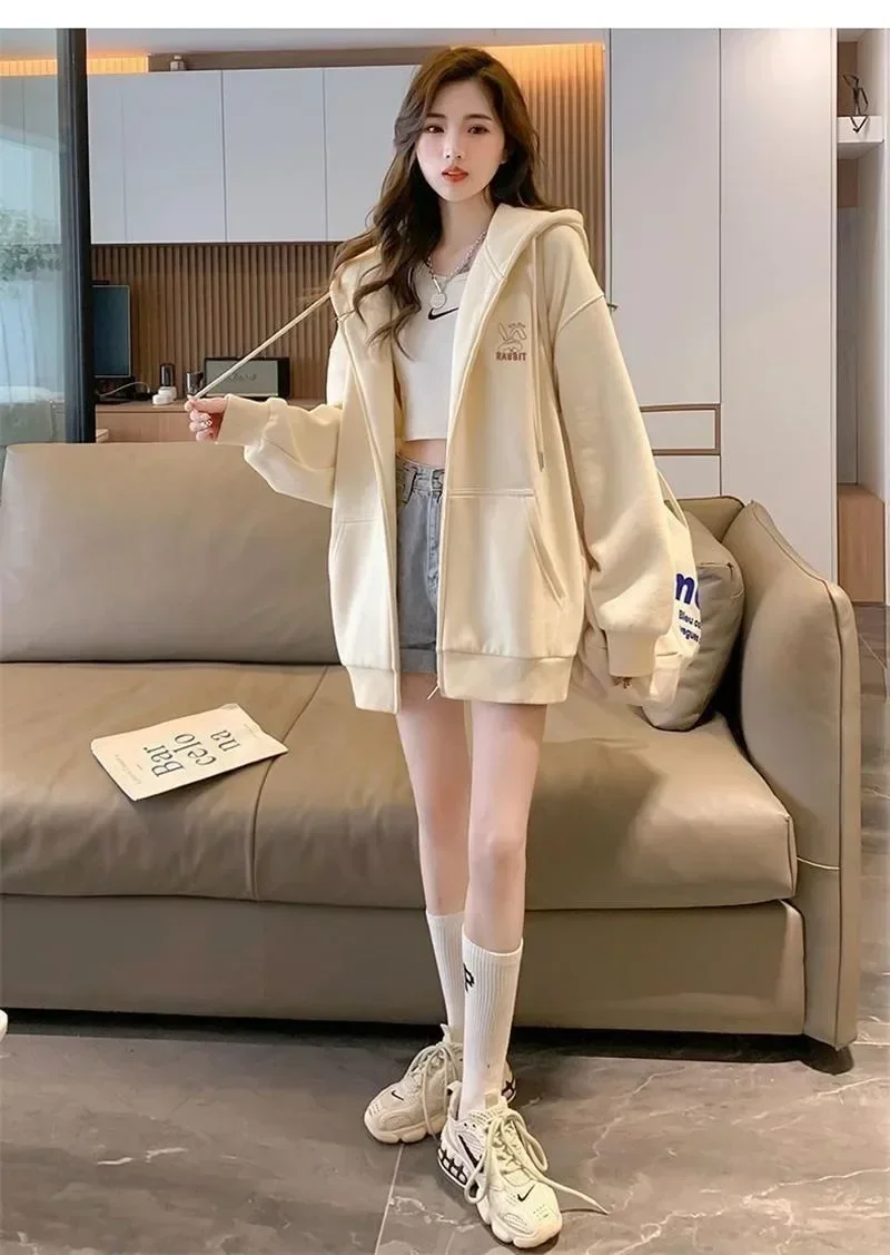 Harajuku Kawaii Grey Zip Up Hoodie Women Sweet Cute Cartoon Beige Hooded Sweatshirts Oversize Korean Fleece Girly Hooded Top Y2K