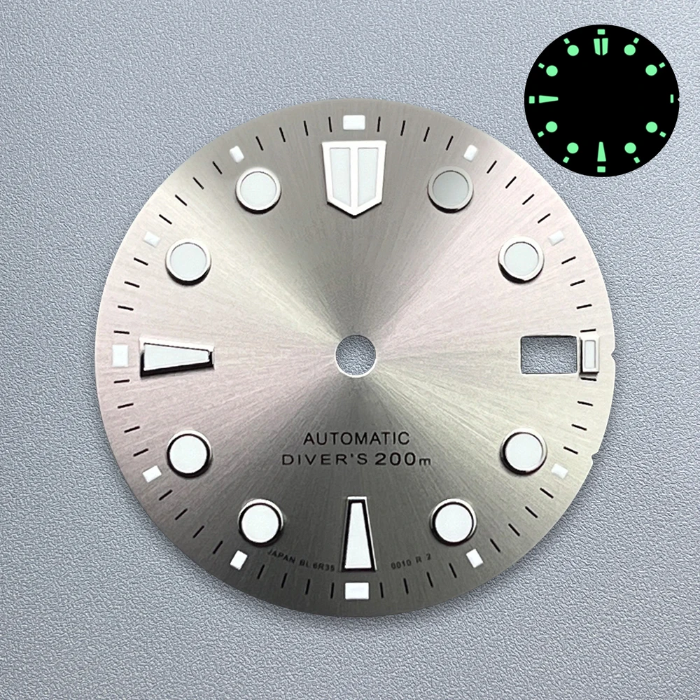 Esfera Sunburst con logotipo S de 28,5mm compatible con movimiento japonés NH35/NH36, accesorios de modificación de reloj de buceo luminosos verdes de alta calidad