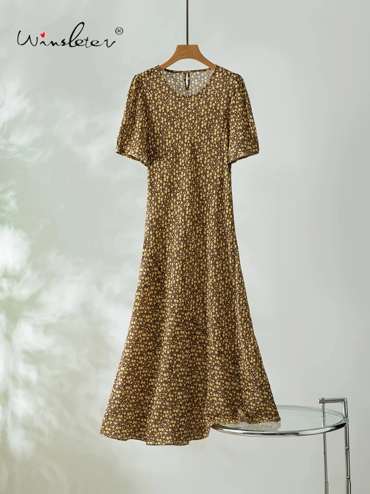 Winsleter-100%Real Silk Double Crepe Elegant Dress, O Neck Printed, Women Temperament Thin Dresses, 2026 Summer New D66608CC