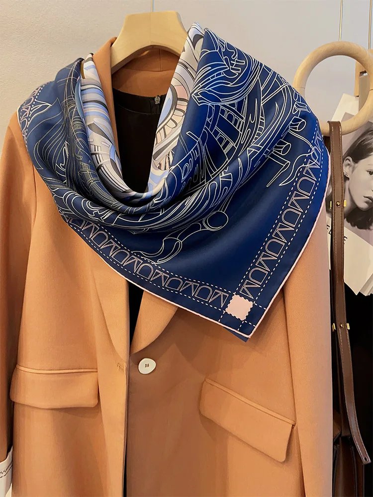 Blauw Paard Print 90Cm Zijden Sjaal Moerbei Vierkante Zoom Roll Sjaals Luxe Designer Bandana Zijde Twill Hals Haar Sjaals