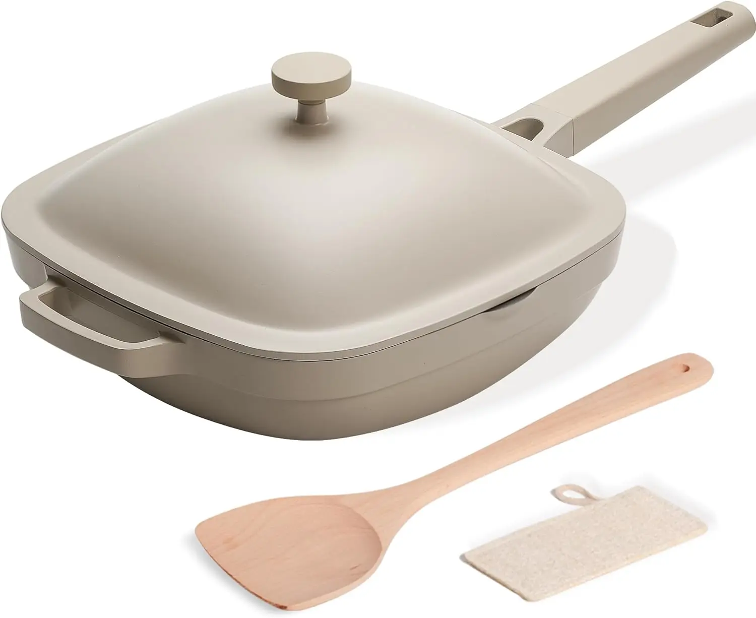 

Ceramic frying pan with lid, non-stick cast aluminum deep skillet, includes wooden spatula and cleaning brush.