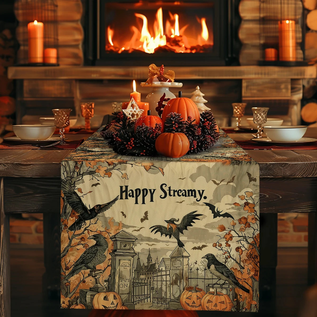 Halloween Crow Pumpkin Table Runner Rustic Dining Table Decorations Table Runners for Wedding Party Coffee  Hotel Home Decor