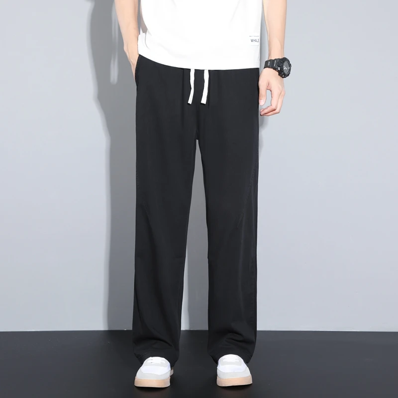 Summer Soft Lyocell Ice Silk baggy Men's Jeans Thin Loose Straight Pants Drawstring Elastic Waist Korea Casual Solid black Male