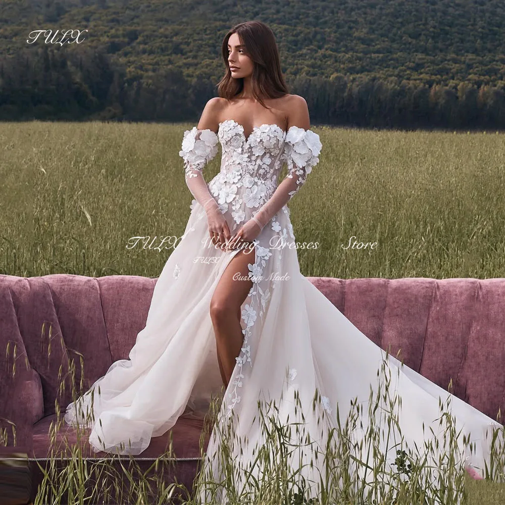

TULX Luxury Lace 3D Flowe Wedding Dresses Sweetheart Sleeve Cover Floor Length Slit Bridal Gowns Robe De Mariée Customized 2025