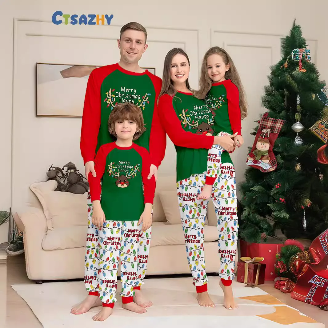 2025 New Christmas pajama set two-piece family clothing for parents and children, cotton round-neck long-sleeved pajamas