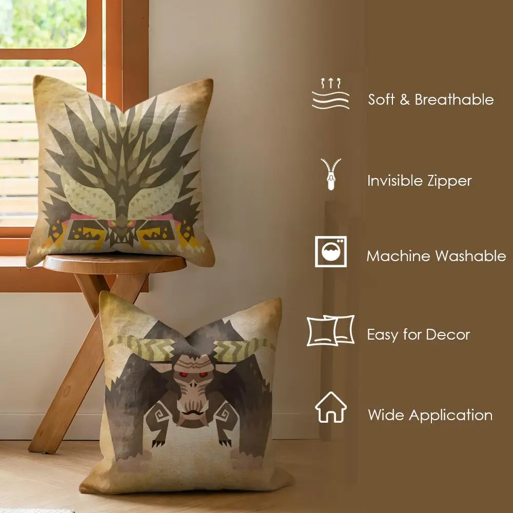 M-Monster Hunter Game Cushion Cover Summer Linen Pillow Case Organic Fabric Cushion Cover Double-Sided Print Sofa Home Decor