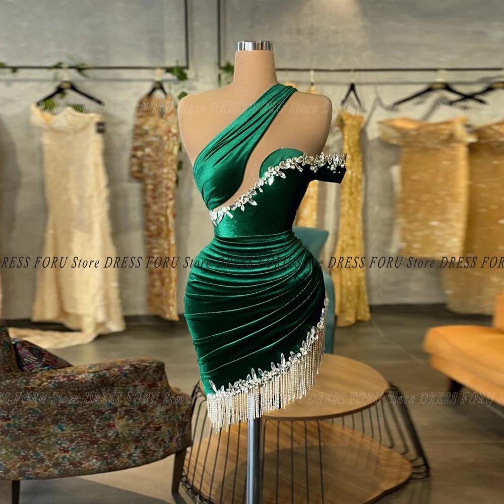 

Mini Prom Dress With Tassel Rhinestones One Shoulder Green Velour Pageant Party Gowns Luxury Robe De Soriee Cocktail Wear