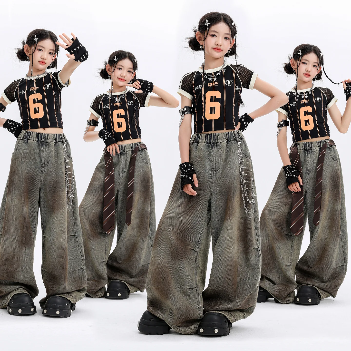 

Kids Girls Black Striped Baseball Crop Tops Washed Baggy Jeans Set Y2K Hip Hop Jazz Street Dance Outfits for Stage Performance