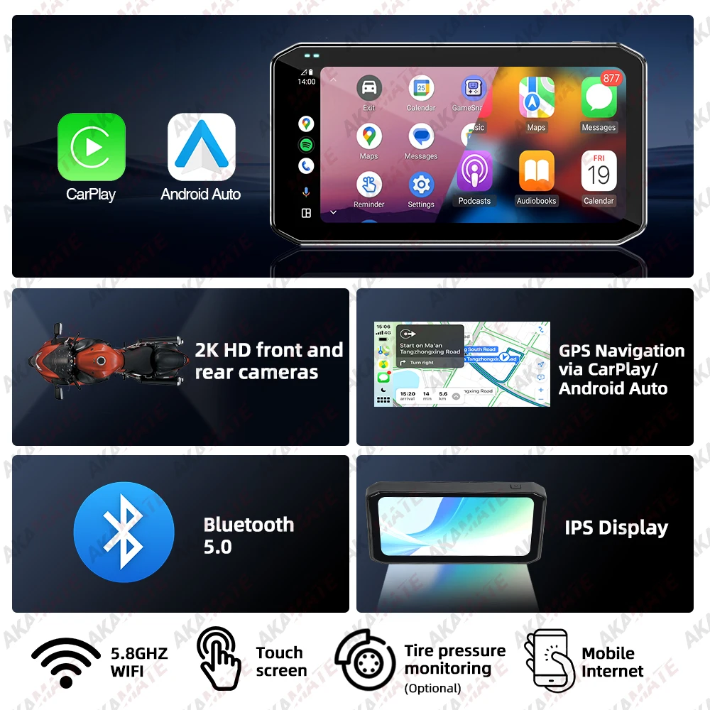 오토바이 레코더 CarPlay 안드로이드 자동 네비게이션 모니터 원격 제어 DVR 블루투스 BSD 차량 속도 디스플레이 6.25 인치