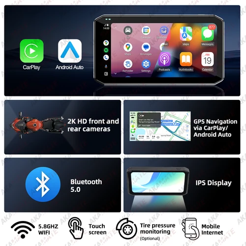 Imagen 2 del producto Grabadora de motocicleta CarPlay Android Monitor de navegación automática con Control remoto DVR Bluetooth BSD pantalla de velocidad del vehículo 6,25 pulgadas