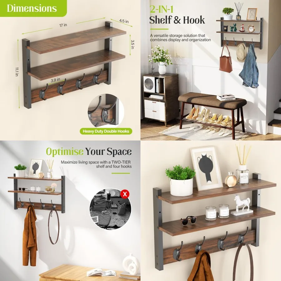 

Двухъярусная настенная полка с крючками 17, настенное крепление с полкой, крючки для ключей для стены с прочными двойными крючками, крючок для одежды, настенный крючок