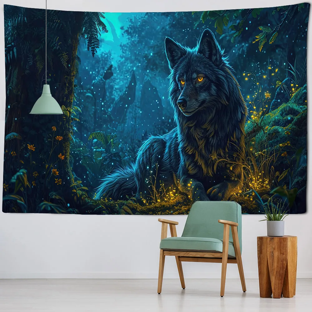 

Animal tapestry, dreamy jungle wolf wall hanging, hippie room wall decoration, home living room, bedroom background cloth