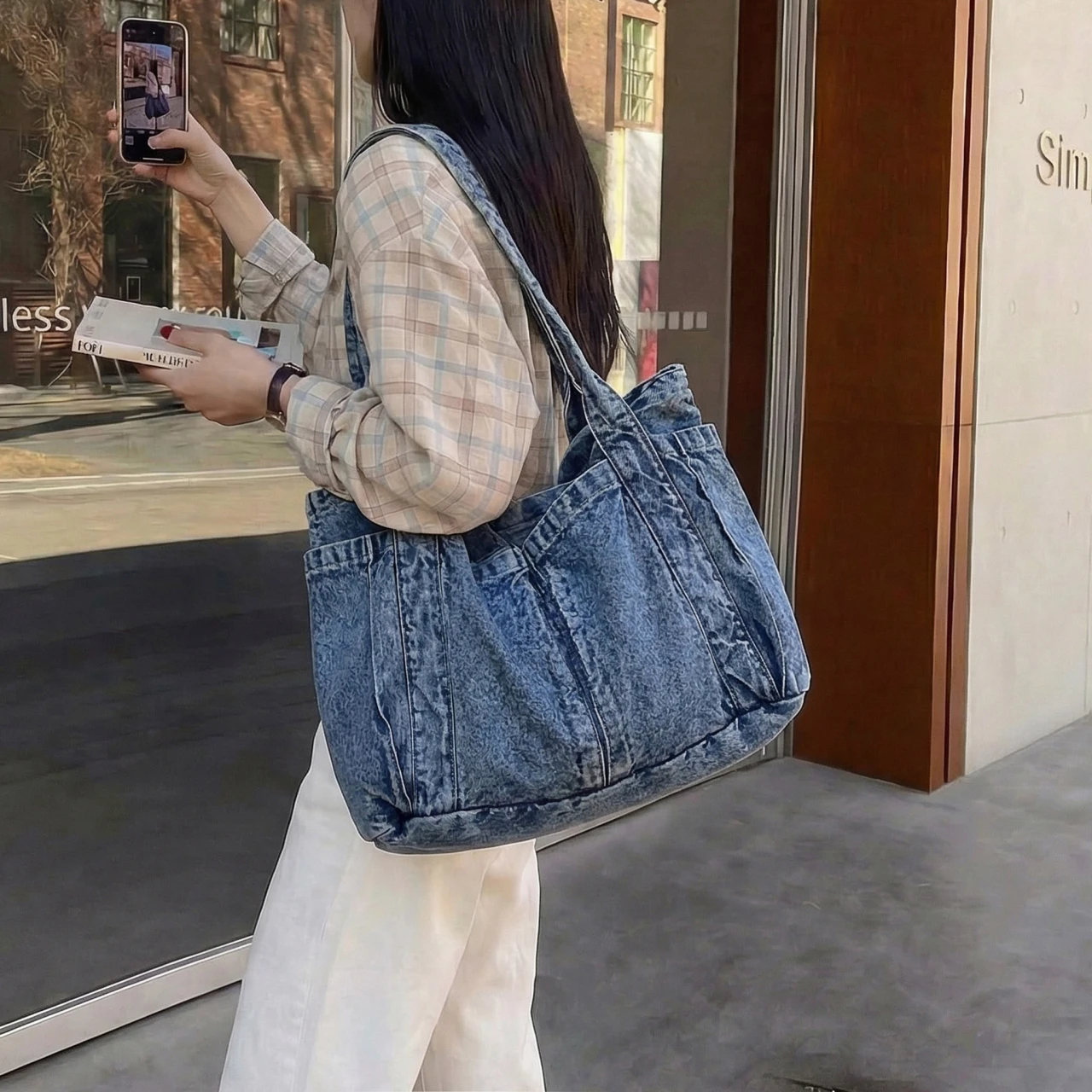 Washed Denim Shoulder Bags Women Large Capacity Canvas Casual Totes 100% Cotton Korea Style Handbags Daily Cloth Packages