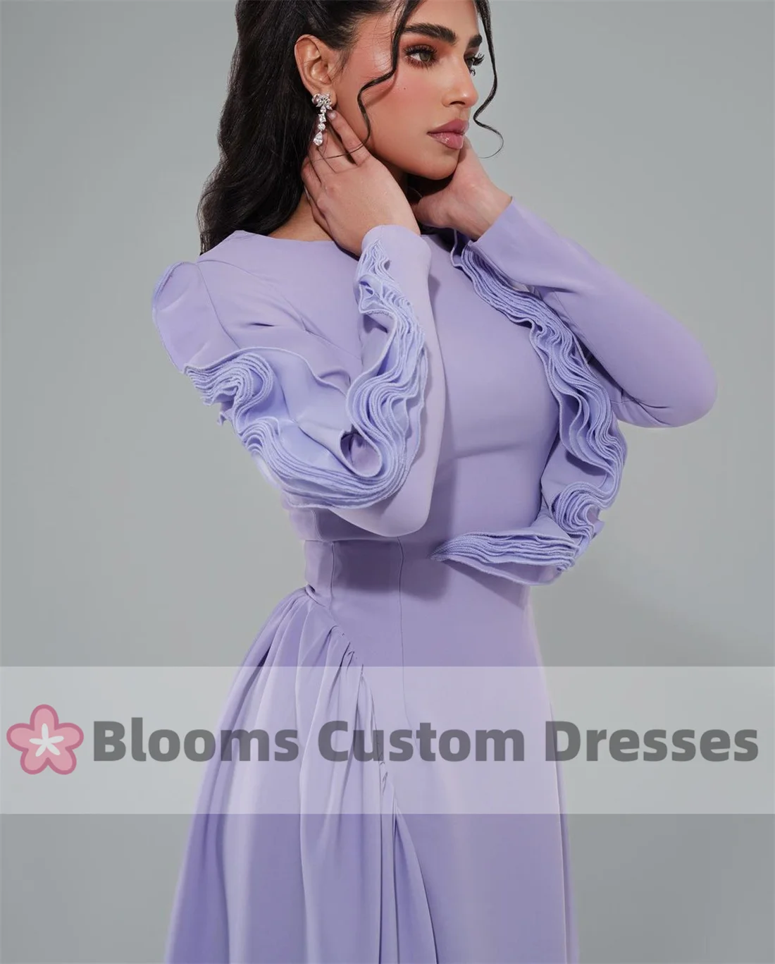 Customized Lilac Ruffles Long Sleeves Elegant Party Dresses For Women 2024 Saudi Formal Occasion Prom Dress Evening Gown