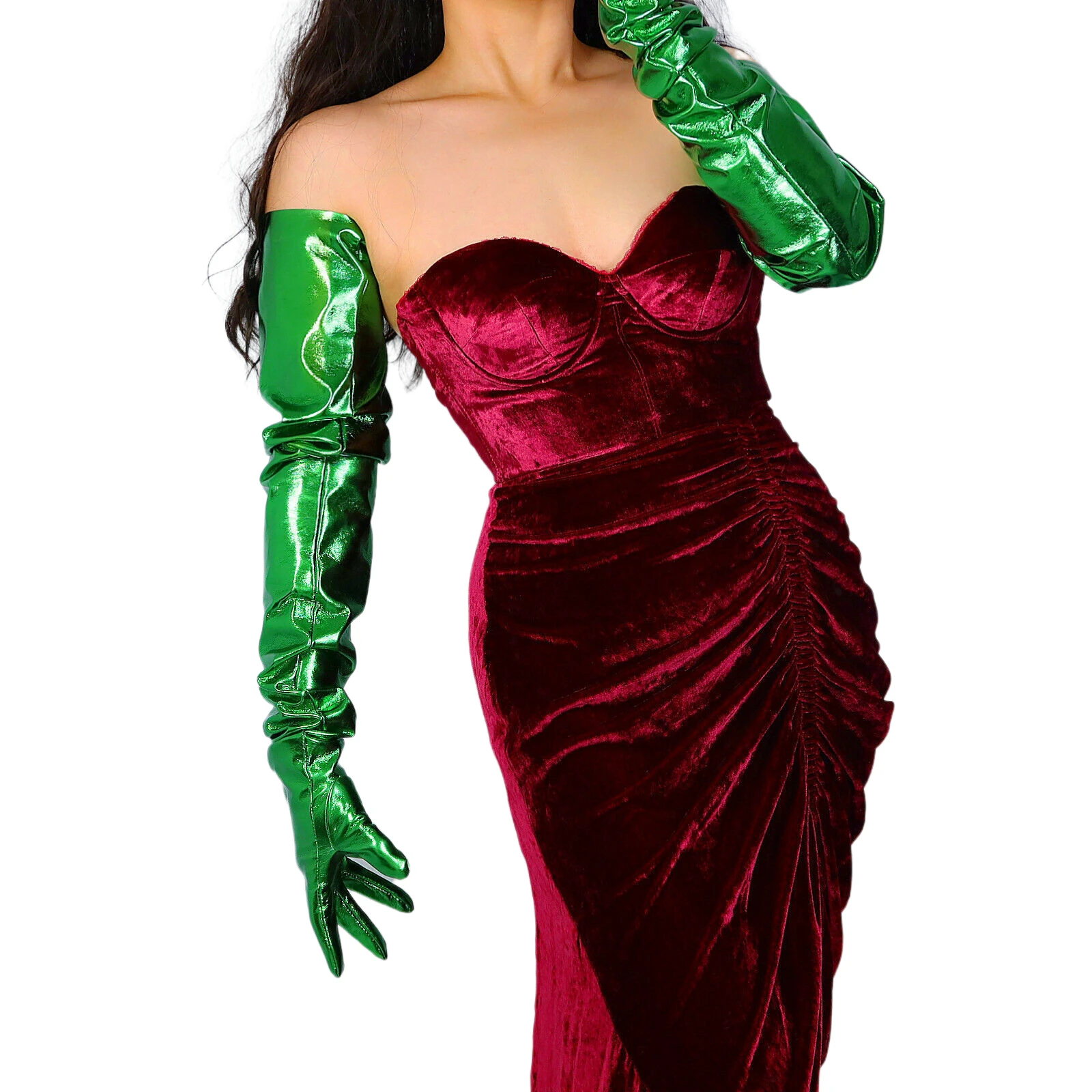 

Unisex Latex LONG GLOVES Loose Fit Shine Metallic Green 35" 90cm Faux Patent Leather PU Fashion Stage Shooting Halloween Costume