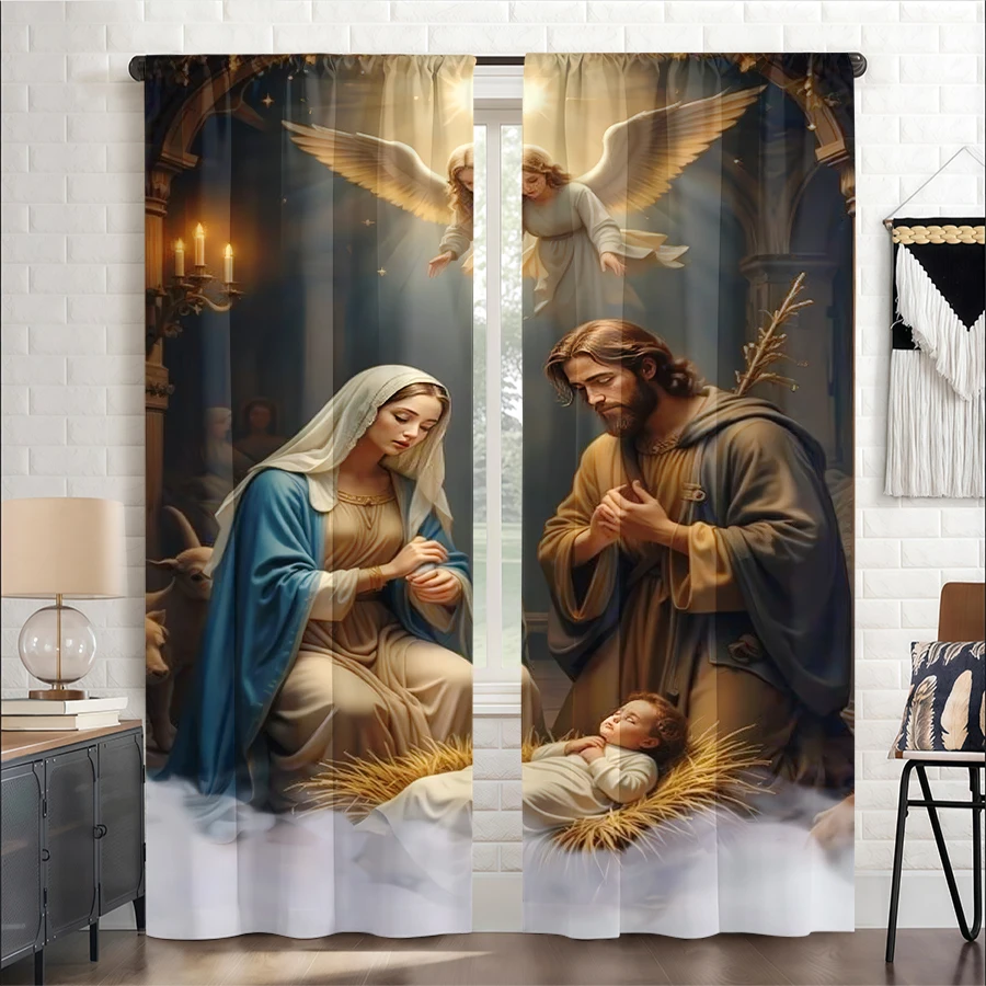 2PCS Christmas Winter Curtains, Nativity Holy Family, Digital Print, Bedroom Living Room, Rod Pocket, Polyester, Home Decor