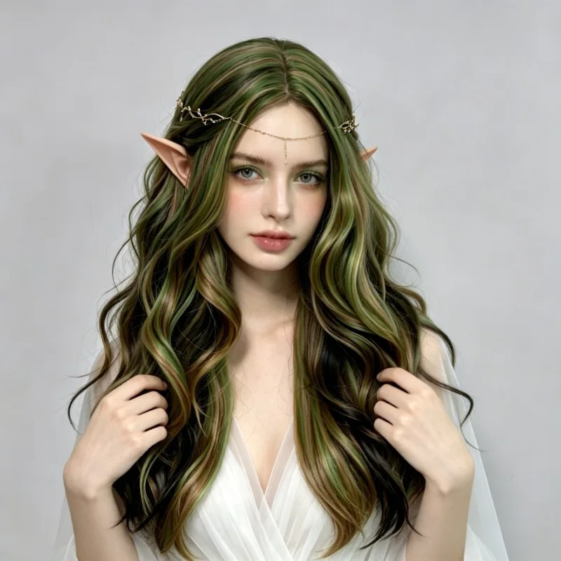 Halloween Elf Girl Green Gradient Long Curly Hair Women'S Wig Fashion Festival Party Cosplay Simulation Synthetic Wig