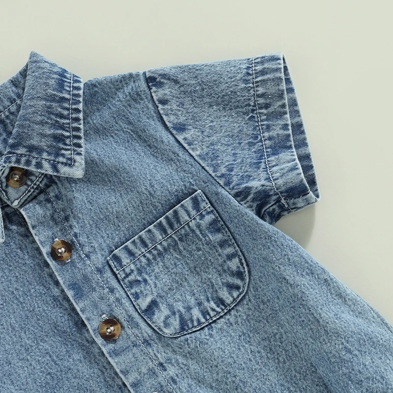 Infant Boys Girls Denim Rompers Solid Color Short Sleeve Turn-Down Collar Buttons Baby Summer Jumpsuits Casual Bodysuits