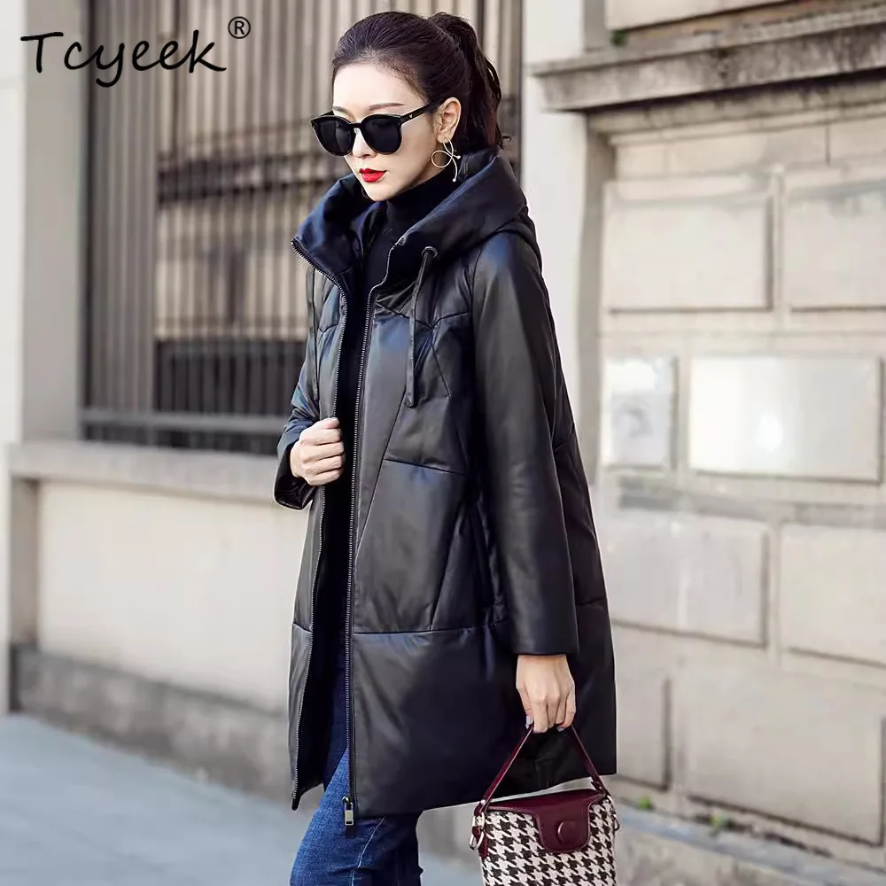 Tcyeek Real Top Layer Sheepskin Autumn Winter Black Hooded Medium Length Women's Genuine Leather Jacket Женская Кожаная Куртка
